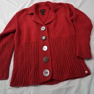 Pure Handknit Red Button-Front Knit Cardigan 100% Cotton Size L / XL